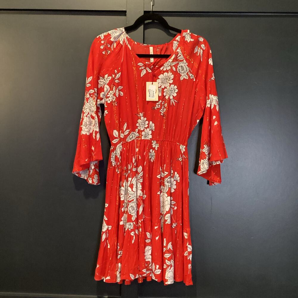 Raga rohit teared peasant bell sleeve metallic shimmer red mini floral dress S